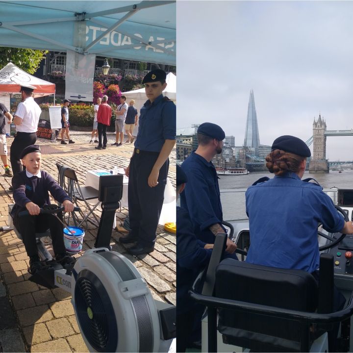 Image 1: Able Cadet Max helming HMS Example. Image 2: Junior Cadet Vincent using a rowing machine. Image 3: New Entry Cadet Agnes helming HMS Example. Image 4: New Entry Cadet Agnes and Junior Cadet Vincent outside the Lifeboat 52-02 Museum Ship.