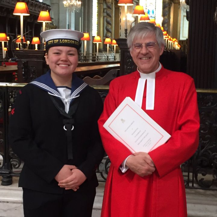 Cadet 1st Class Samarah with the Archdeacon of London in St Paul's Cathedral